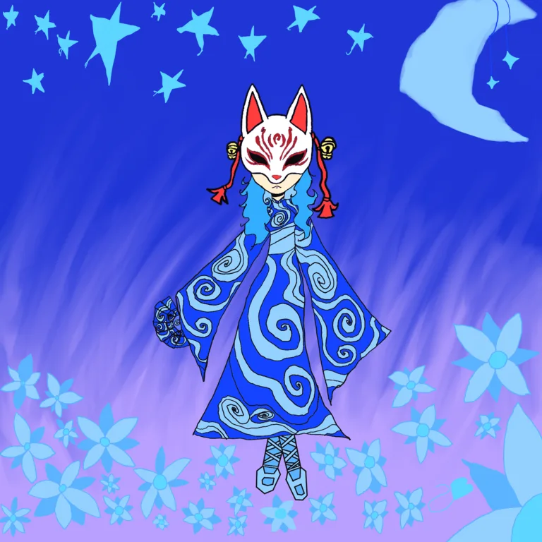 Blue-haired masked character standing in a moonlit field of blue flowers