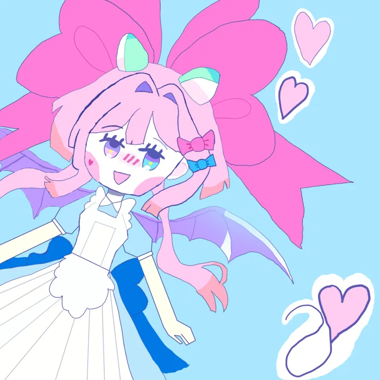 Pink-haired fantasy character with a large pink flower and hearts against a blue sky