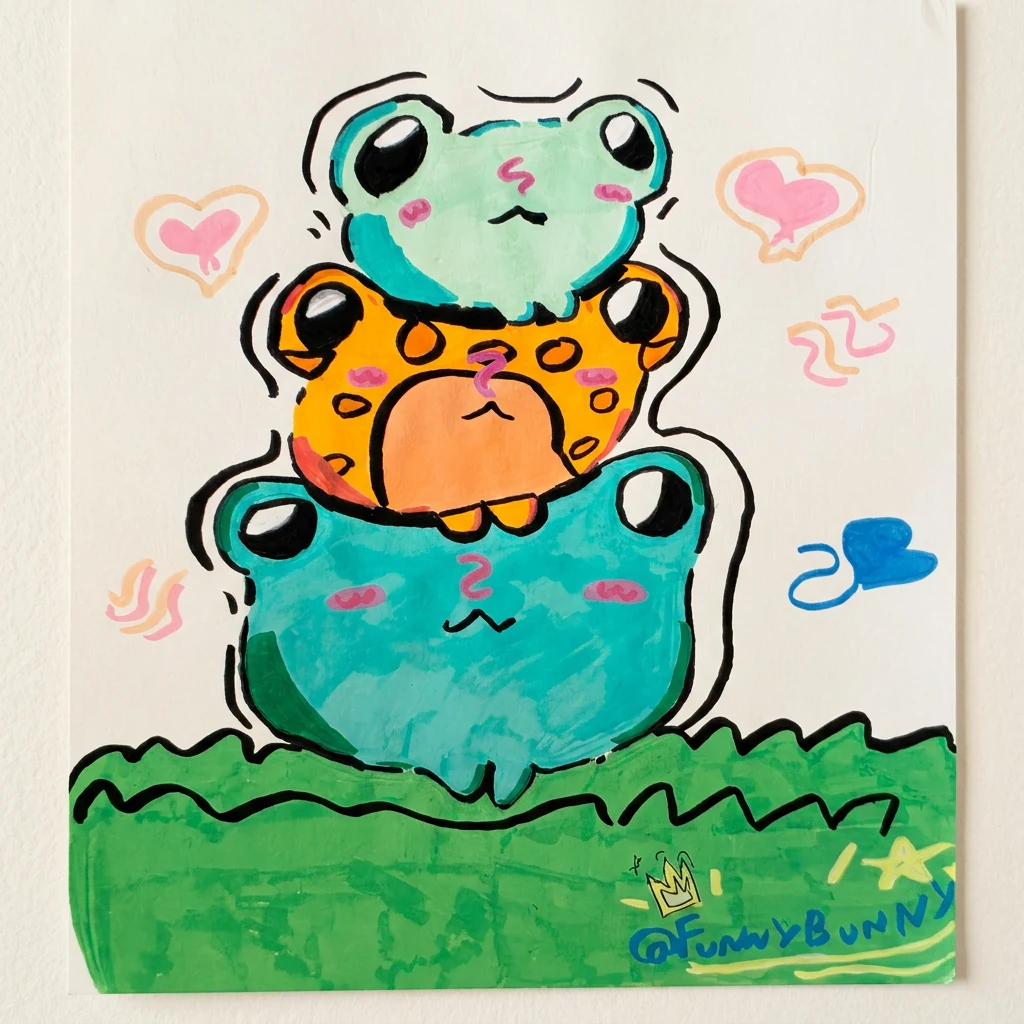 Colorful hand-drawn stack of three friendly characters sitting in a green field with hearts around them