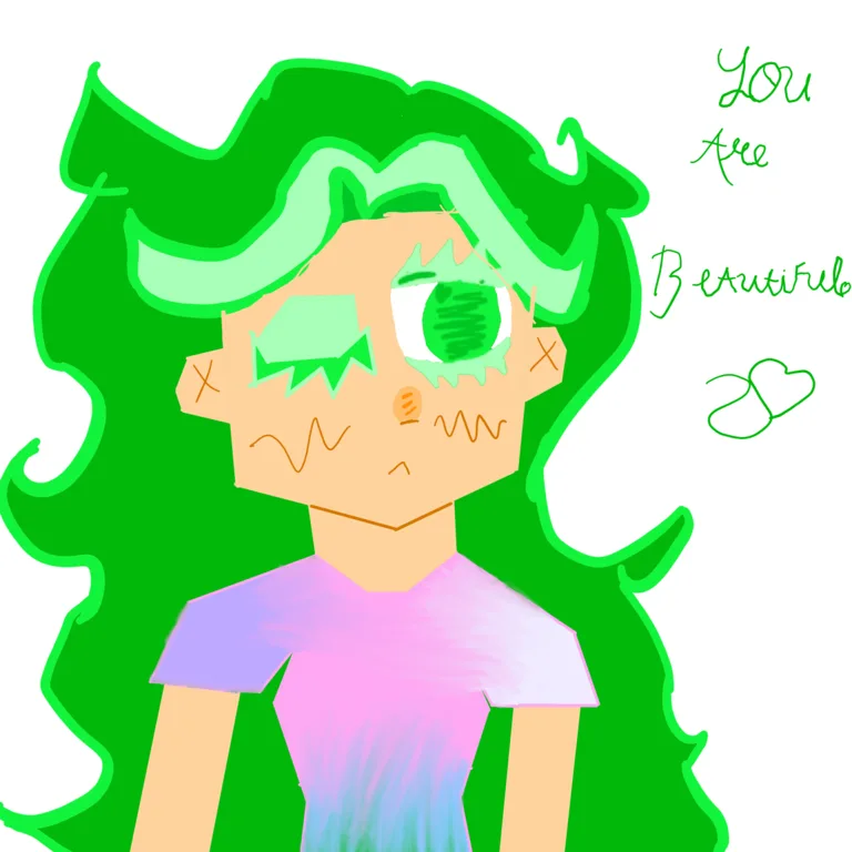 Colorful green-haired masked portrait with handwritten words saying You Are Beautiful
